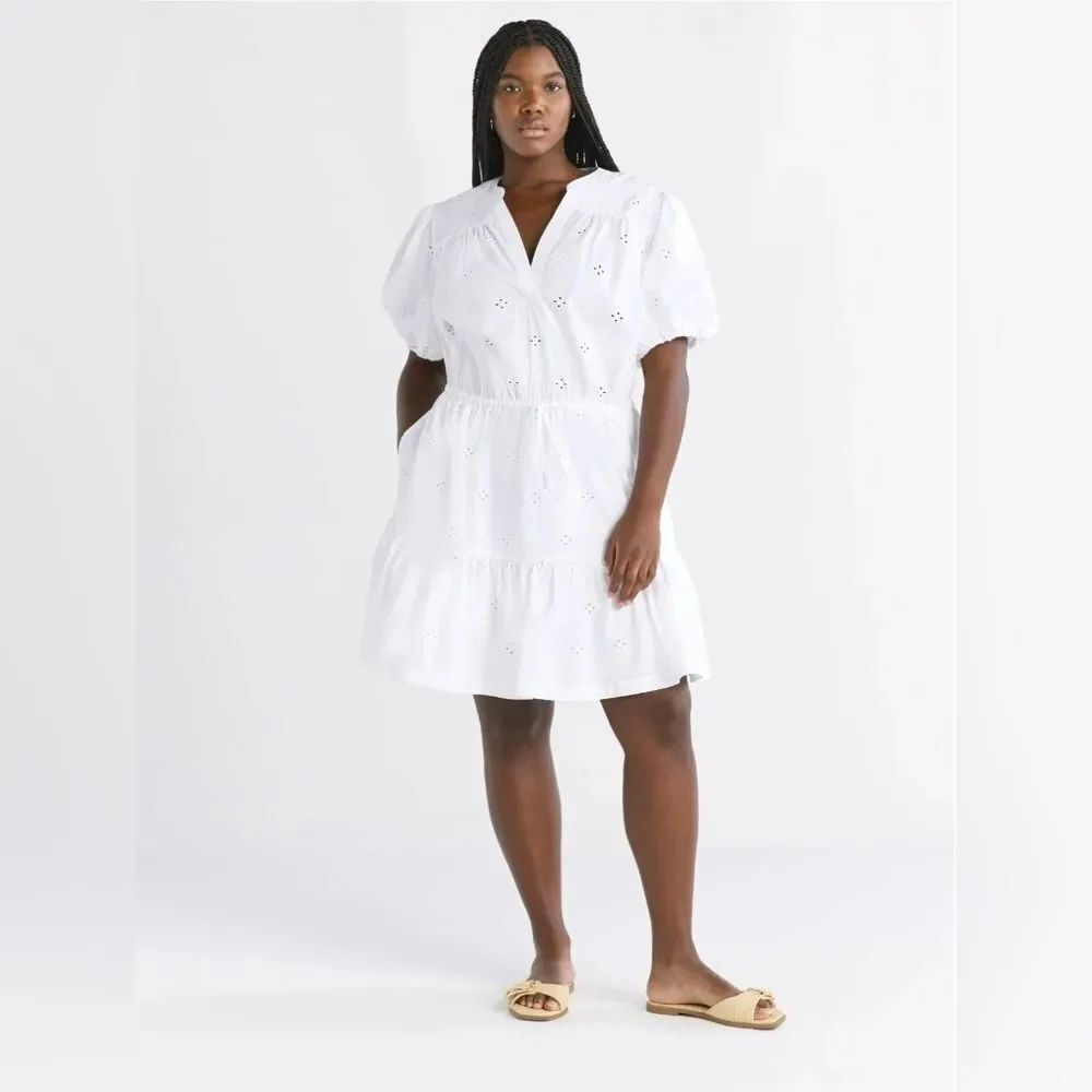 Free Assembly Women Cotton Eyelet Tiered White Mini Dress Puff Sleeves, Nwt